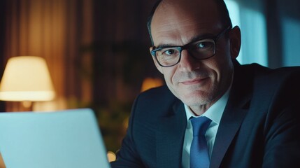 Happy mature executive ceo manager using laptop writing notes in notebook at workplace. Smiling middle aged business man working in office analyzing financial data doing research.