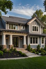 Fototapeta premium Stunning Modern Gray House Exterior with Stone Accents and Landscaped Grounds