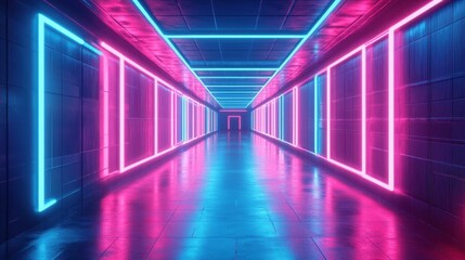 Neon blue and pink background representing digital technology and the metaverse showcasing abstract connections in communication innovation and AI driven big data in a 3D illustration