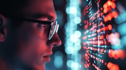 Business professional analyzing digital financial data trends.