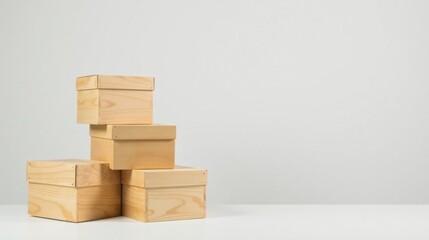 A Stack of Simple Wooden Boxes on a White Surface Against a Light Background, Ideal for Product Displays or Mockups