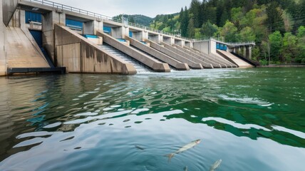 Impact of renewable energy sustainability jobs concepts. Dam structure with water flowing, surrounded by lush greenery and a clear river.
