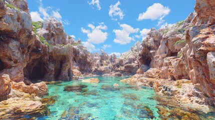 Serene coastal cove, turquoise water, rocky cliffs, sunny sky, idyllic landscape, travel poster