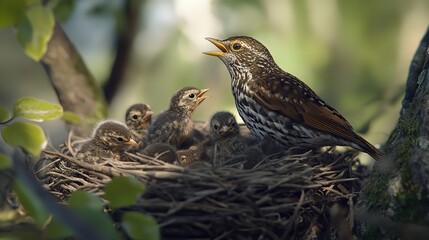 Song Thrush (Turdus philomelos) Feeding Chicks in the Nest