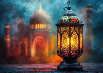 Naklejka premium Illuminated Islamic Lantern in Front of a Mosque at Night