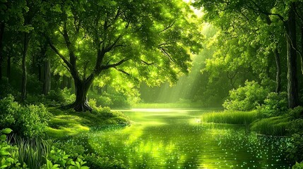 Obraz premium Lush Green Forest Lake Serenity Enchanting Nature Scene Tranquil Environment Vibrant Landscape Peaceful Viewpoint