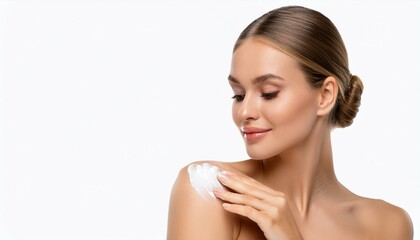Naklejka premium Gorgeous girl with soft makeup applying moisturizing skincare cream on shoulder isolated over white background.