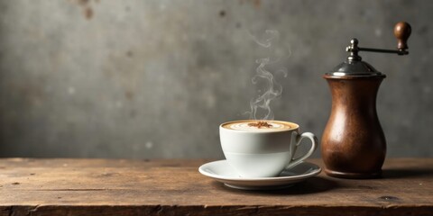 Aromatic Cappuccino Steam Rising from a White Cup Beside a Rustic Wooden Coffee Grinder on a Weathered Table