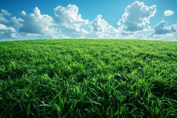 Green Grass Meadow Under Blue Sky with White Clouds, Serene Nature Landscape