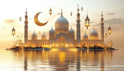 Naklejka premium Majestic Mosque on an Island at Sunset
