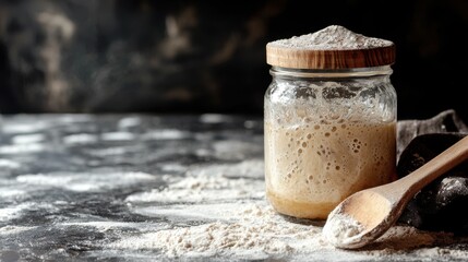 Traditional sourdough starter in a glass jar, bubbling with fermentation, wooden spoon and flour-dusted countertop, artisanal baking.