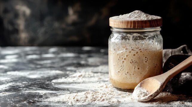 Traditional sourdough starter in a glass jar, bubbling with fermentation, wooden spoon and flour-dusted countertop, artisanal baking.
