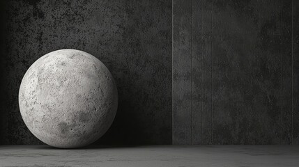 Moon-like sphere in dark room, textured wall background, abstract art