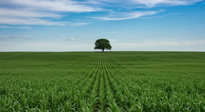 Lone Tree in Vast Green Cornfield Under Blue Sky - Powered by Adobe