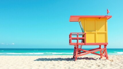 Bright Yellow and Coral Beach Lifeguard Stand on Sandy Shore Under a Vivid Blue Sky