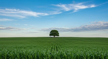 Lone Tree in Vast Green Cornfield Under Blue Sky