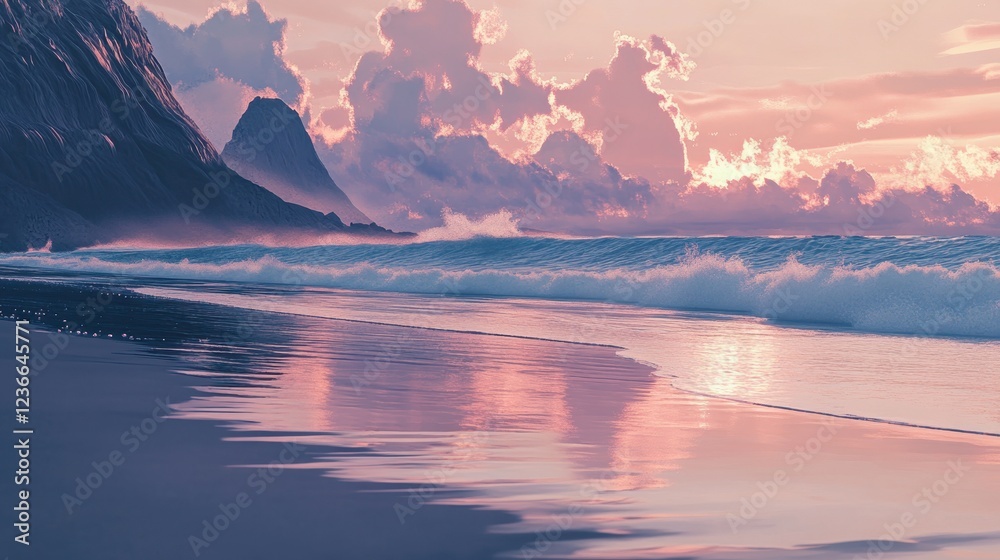Poster sunset over tranquil beach with gentle waves caressing the shore in a serene tropical setting