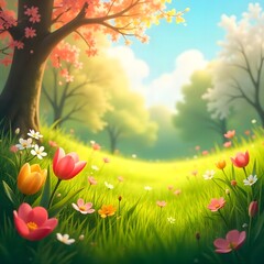 Fototapeta premium Spring Meadow Fantasy: A Breathtaking Scene of Tulips and Blossoms