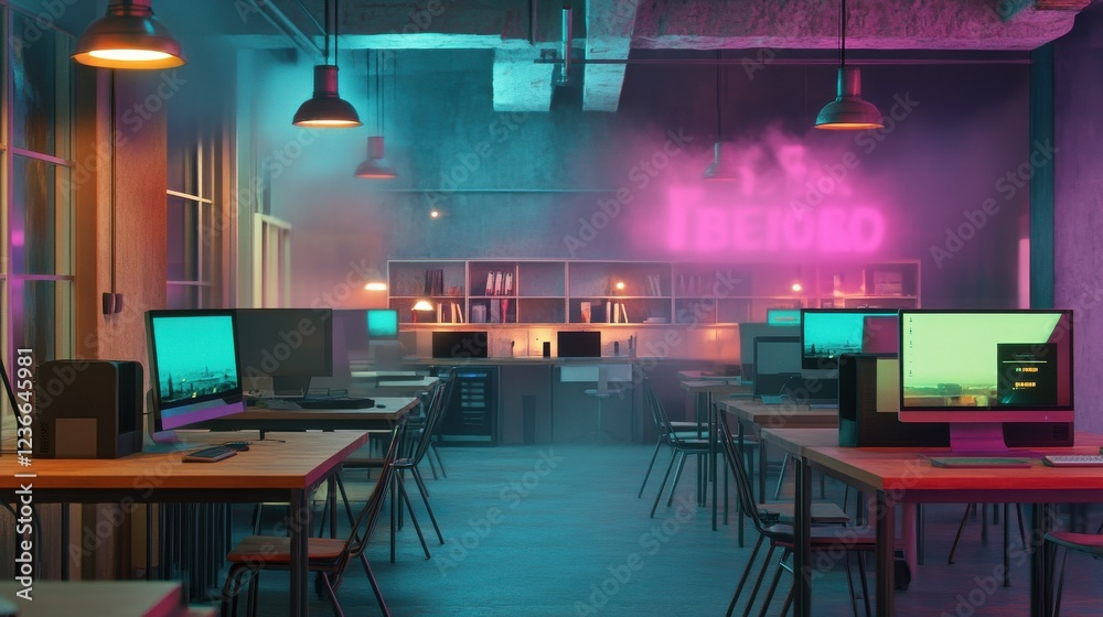 Poster coworking office interior with tables and computers standing on them. 3d rendering