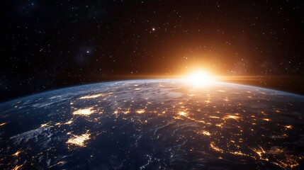 Fototapeta premium Earth sunrise from space, showing city lights and starry night sky.