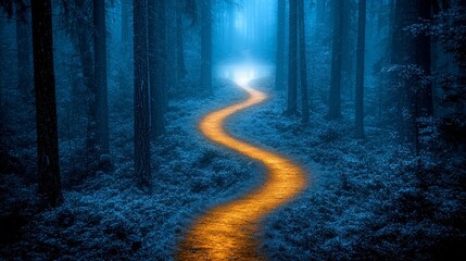 Fototapeta premium Enchanted Forest Path with Glowing Trail Mysterious Woods Scenic Landscape Nighttime Serenity Magical Journey