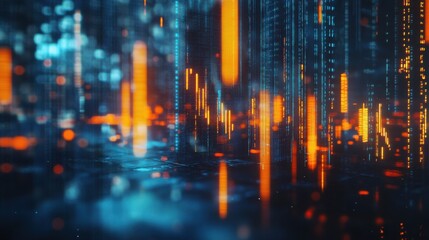 Abstract glowing big data forex candlestick chart on blurry city background. Trade, technology, investment and analysis concept. Double exposure