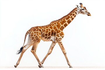 Obraz premium Giraffe walking in side view isolated on a white background, clipping path.