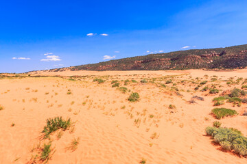 A desert landscape with a blue sky and a few clouds