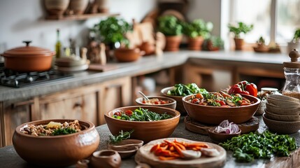 Fototapeta premium Culinary creativity captured in a dynamic kitchen scene, highlighting slow-cooked meals in earthenware, vibrant organic ingredients, and rustic decor.
