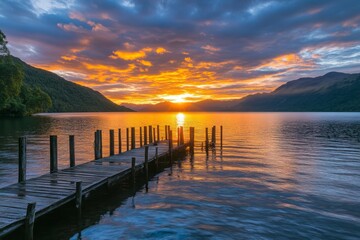 Fototapeta premium A picturesque sunset over the lake, with vibrant hues painting the sky and reflecting on the calm waters near an old wooden dock. 