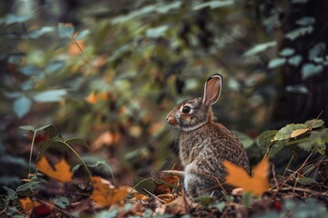 Eastern cottontail rabbit sitting among colorful fallen leaves in woodland, enjoying autumn nature
