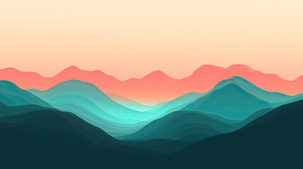 Abstract Teal and Coral Mountain Range Landscape