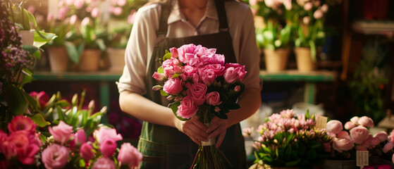 Florist holding a lush bouquet of pink roses flowers in a flower shop. Soft-focus background with warm tones creates a romantic spring atmosphere.Floral banner for wedding,dating event.Generative ai