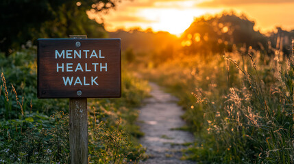 Wooden road sign reading Mental Health Walk, beautiful meadow footpath in the background