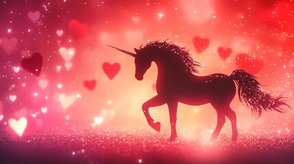 Dreamy unicorn with a flowing rainbow mane standing in a magical pink and red heart-filled landscape.