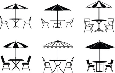 patio table with umbrella cafe chair table umbrela set set of silhouette. patio table with umbrella cafe chair table umbrela set icon set vector on white background  © Tamanna