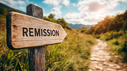 Obraz premium Footpath in idyllic field, wooden sign reading Remission