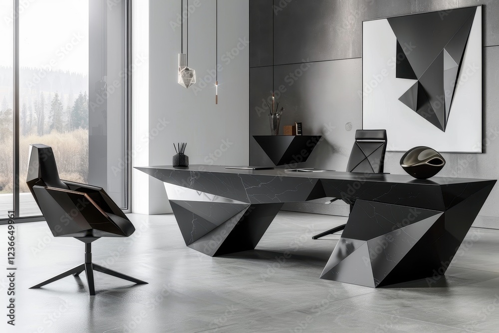 Poster modern geometric furniture in a stylish office space featuring angular black seating and sleek desig