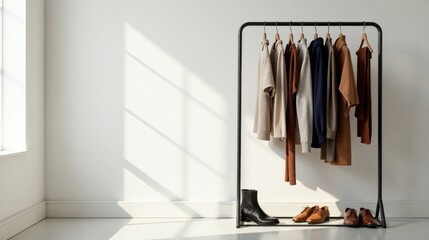 A minimalist wardrobe display featuring neutral-toned apparel and footwear arranged on a sleek clothing rack, bathed in soft sunlight