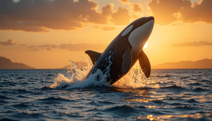 Fototapeta premium a majestic orca breaching the surface of the ocean during golden hour, water splashing dramatically, photorealistic