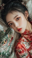 Woman in red dress with iguana, close-up portrait, soft background, Asian fashion.