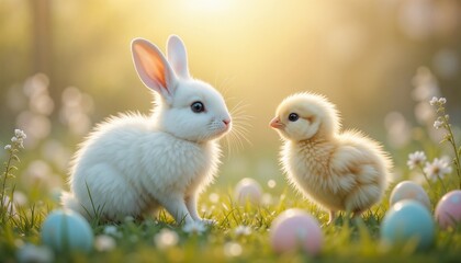 Fluffy white bunny and cute chick interacting in a bright spring setting with Easter eggs, joyful and tender mood