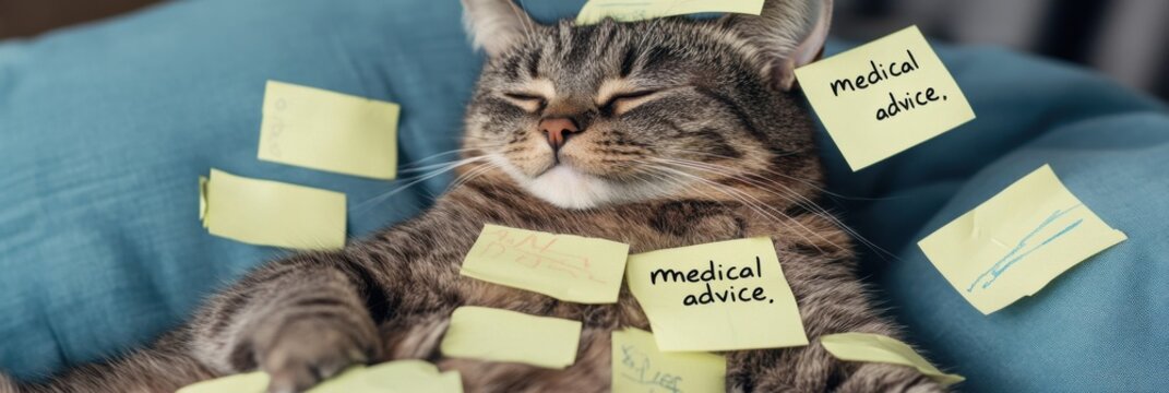 Humorous cat with sticky notes offering quirky medical advice for pet care and wellbeing