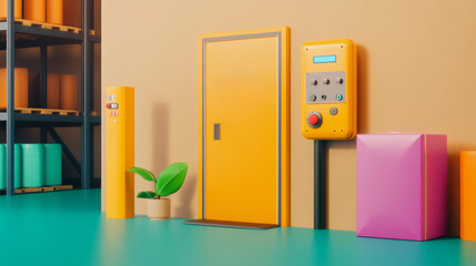 Low poly 3D rendering of a warehouse interior with a yellow door, a control panel, a teal floor, and pastel colored boxes. A small plant adds a touch of life to the scene.