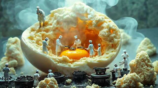 Miniature chefs preparing a giant egg dish in a whimsical kitchen scene
