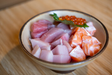 Bara Don,  a Japanese rice bowl dish of diced raw fish including Hamaji, Ikura, Salmon, Tuna.