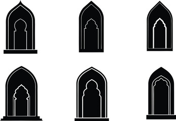 islamic mosque door set of silhouette. islamic mosque door icon set vector on white background
