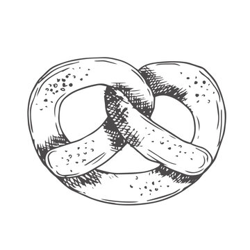 recommend clip art: Bavarian pretzel line icon. Outline hand drawn baked bread product of soft knot shape with salt, pretzel for Oktoberfest party. Food, bakery mascot, delicious bretzel icon vector illustration