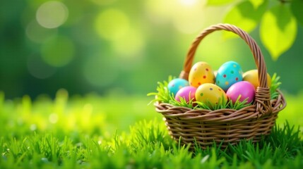 Obraz premium A wicker basket overflowing with colorful decorated eggs nestled in vibrant green grass, bathed in the warm glow of sunlight