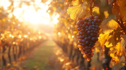 Autumn Vineyard Sunset Grapes Hanging On Vine